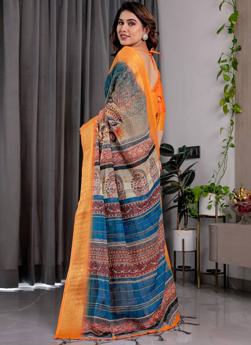 Mustard pure handloom linen floral printed saree
