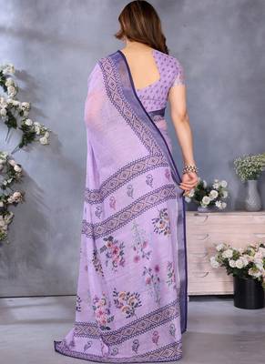 Purple handloom linen cotton digital print saree with blouse 2