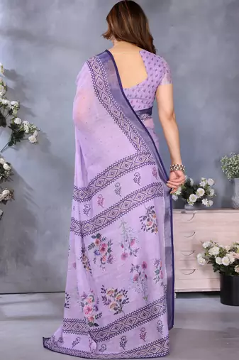 Purple handloom linen cotton digital print saree with blouse