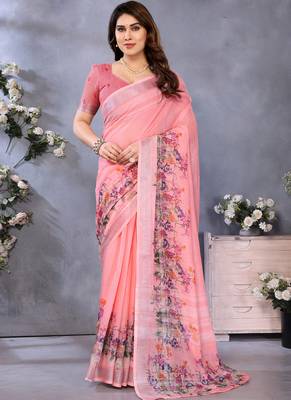 Peach handloom linen cotton digital print saree with blouse 1