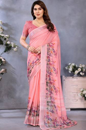 Peach handloom linen cotton digital print saree with blouse