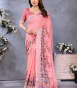 Peach handloom linen cotton digital print saree with blouse