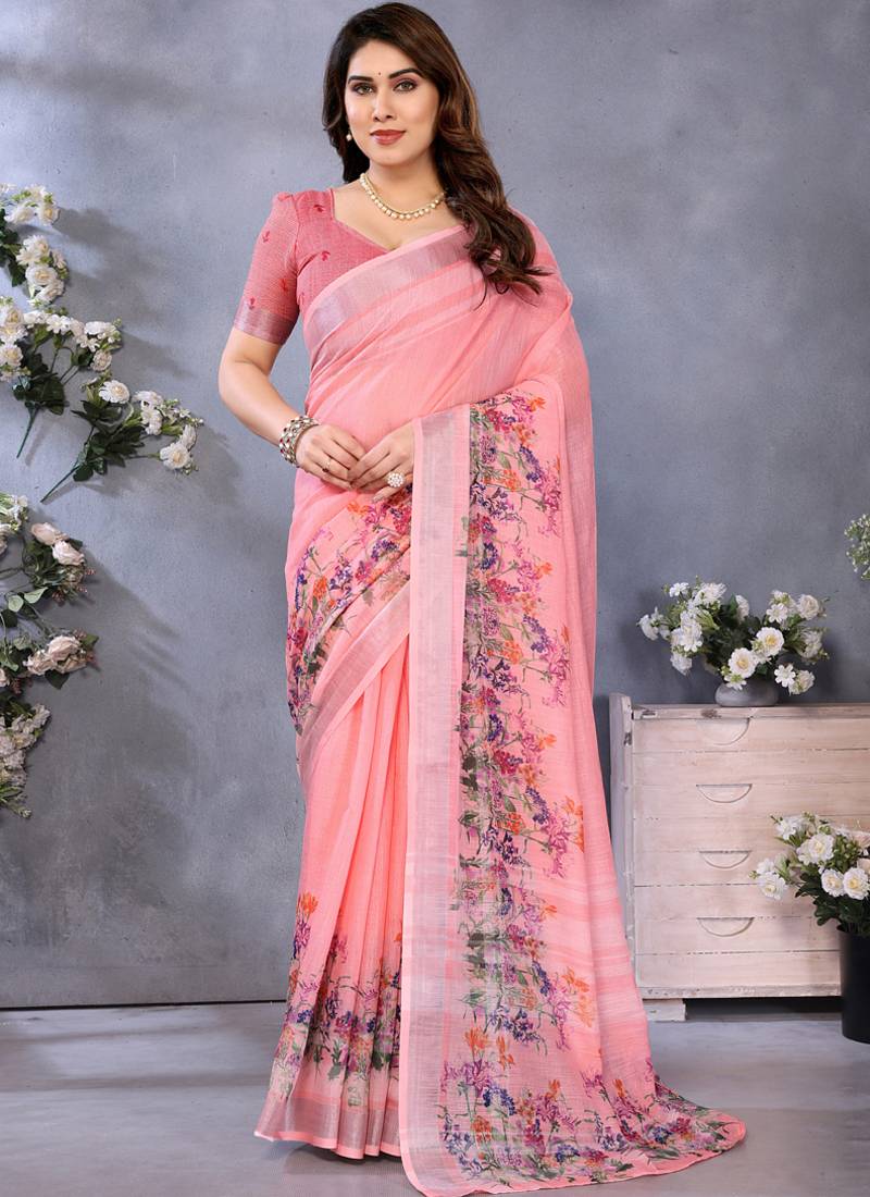 Peach handloom linen cotton digital print saree with blouse