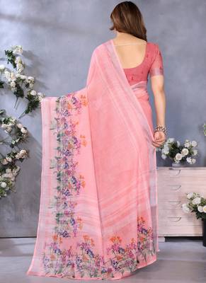 Peach handloom linen cotton digital print saree with blouse 2