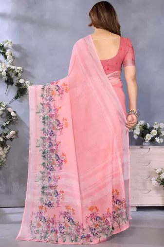 Peach handloom linen cotton digital print saree with blouse
