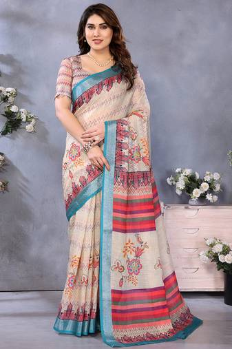 Cream handloom linen cotton digital print saree with blouse