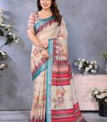Cream handloom linen cotton digital print saree with blouse