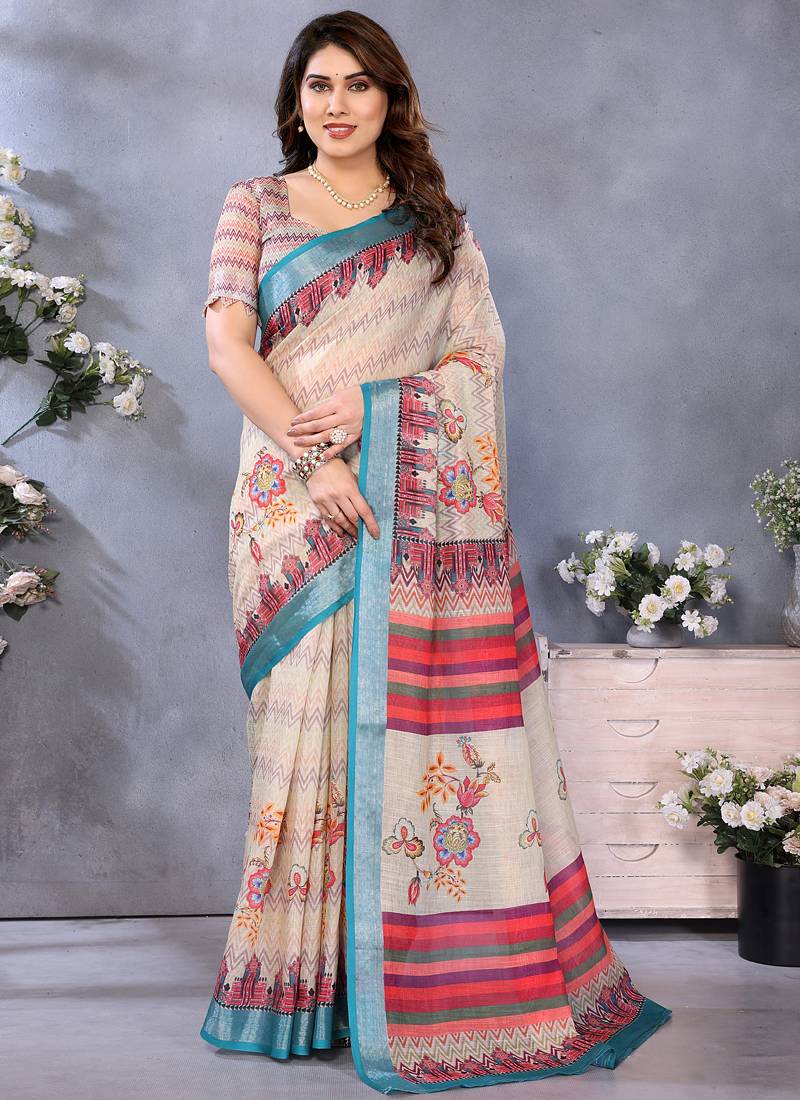 Cream handloom linen cotton digital print saree with blouse
