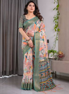 Olive pure handloom linen floral printed saree 1