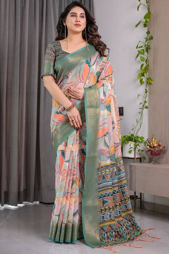 Olive pure handloom linen floral printed saree