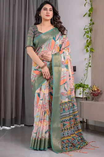 Olive pure handloom linen floral printed saree