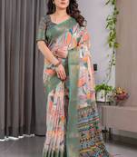 Olive pure handloom linen floral printed saree