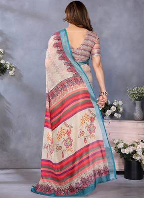 Cream handloom linen cotton digital print saree with blouse 2