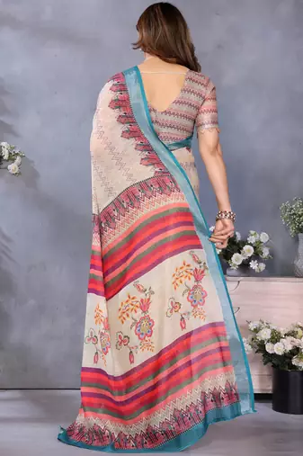 Cream handloom linen cotton digital print saree with blouse
