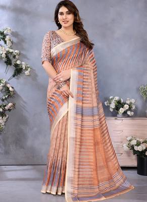 Brown handloom linen cotton digital print saree with blouse 1