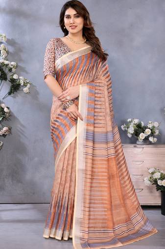 Brown handloom linen cotton digital print saree with blouse