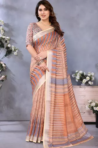 Brown handloom linen cotton digital print saree with blouse