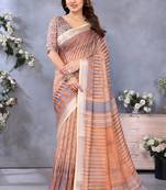 Brown handloom linen cotton digital print saree with blouse