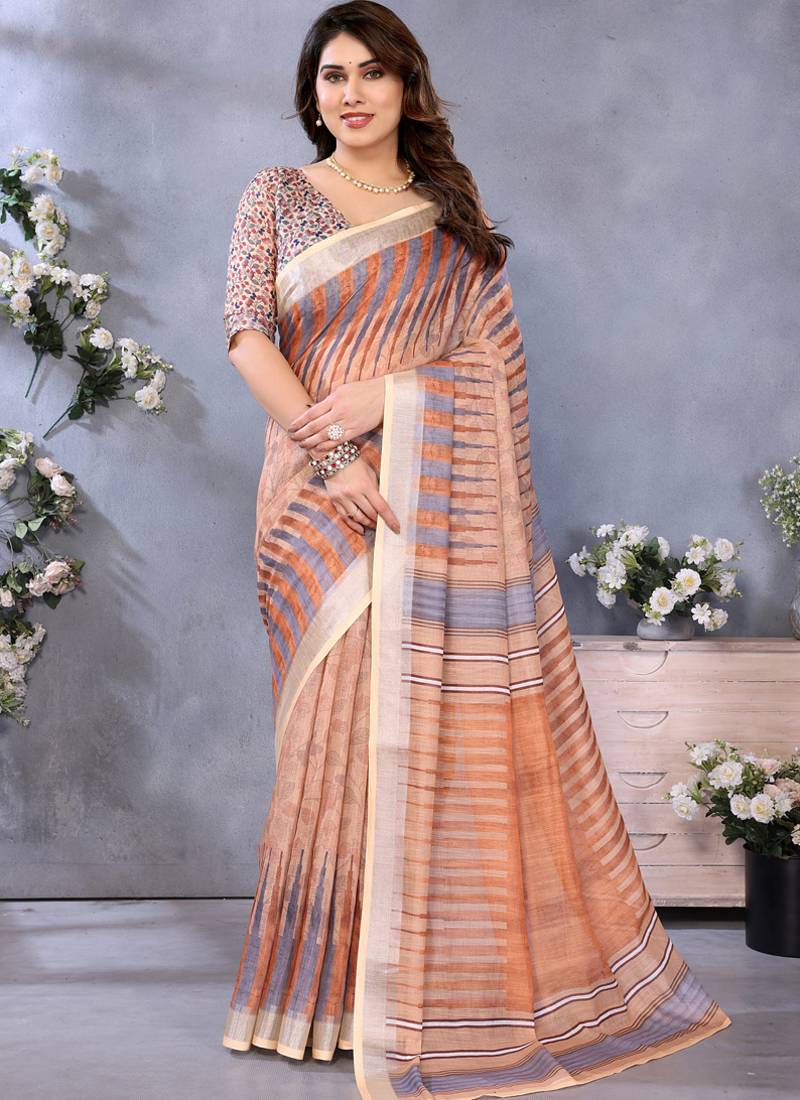 Brown handloom linen cotton digital print saree with blouse