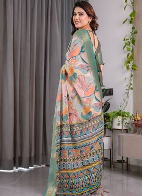 Olive pure handloom linen floral printed saree 2