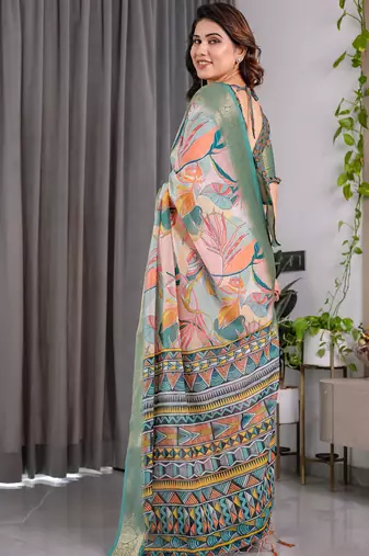 Olive pure handloom linen floral printed saree