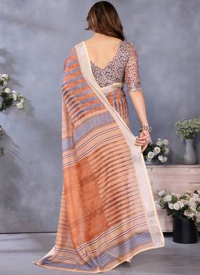 Brown handloom linen cotton digital print saree with blouse 2