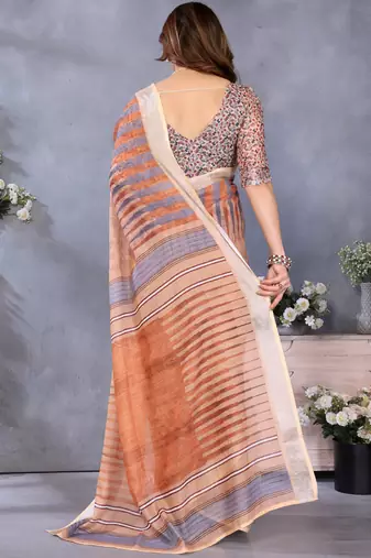 Brown handloom linen cotton digital print saree with blouse