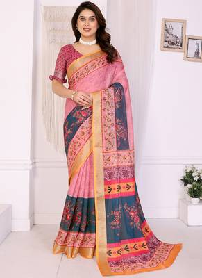 Peach handloom linen cotton digital print saree with blouse 1