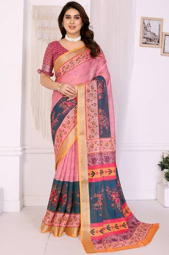 Peach handloom linen cotton digital print saree with blouse