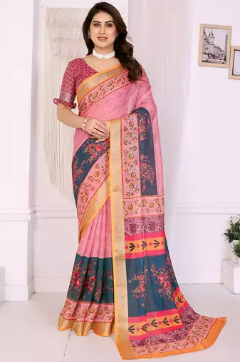 Peach handloom linen cotton digital print saree with blouse