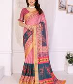Peach handloom linen cotton digital print saree with blouse