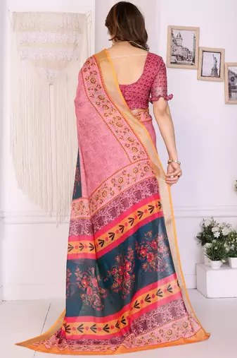 Peach handloom linen cotton digital print saree with blouse