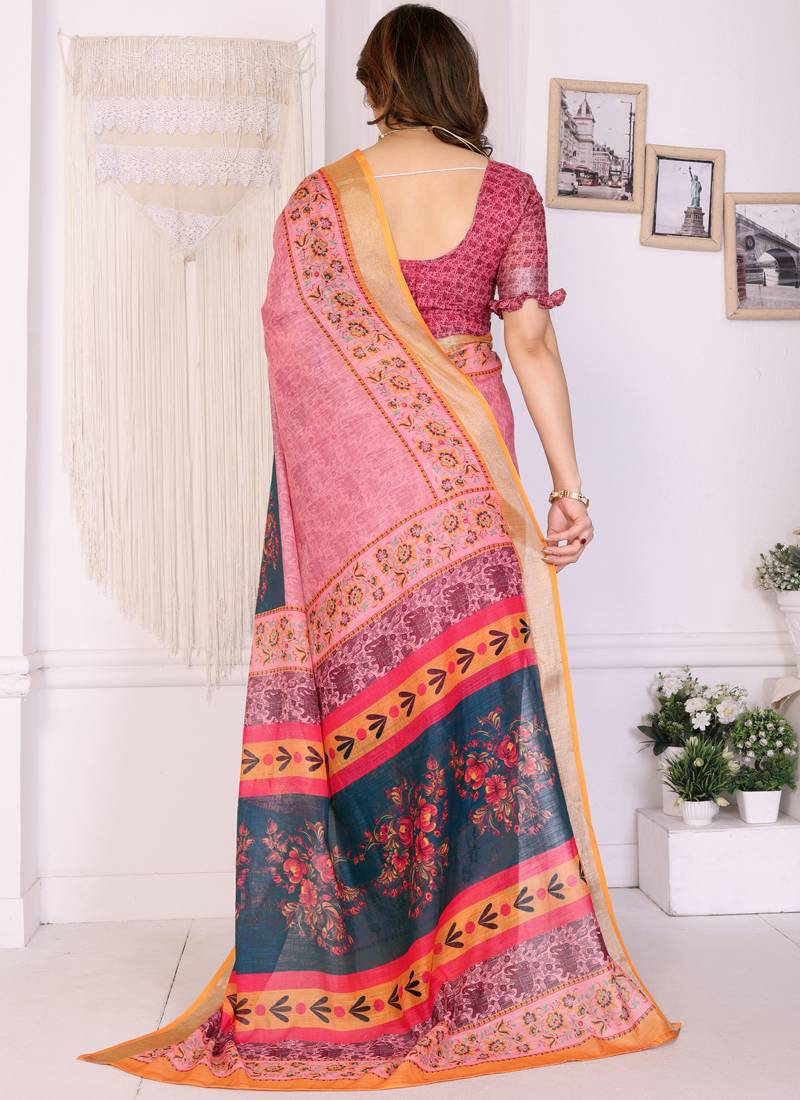 Peach handloom linen cotton digital print saree with blouse