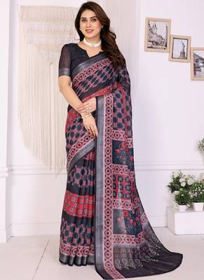 Black handloom linen cotton digital print saree with blouse 1