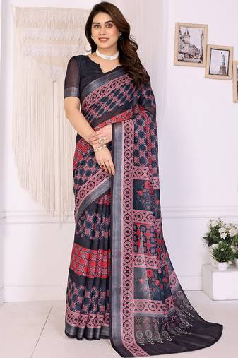 Black handloom linen cotton digital print saree with blouse