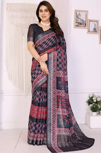 Black handloom linen cotton digital print saree with blouse