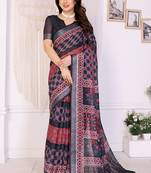 Black handloom linen cotton digital print saree with blouse