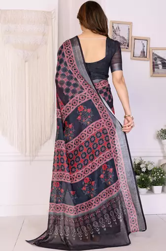 Black handloom linen cotton digital print saree with blouse