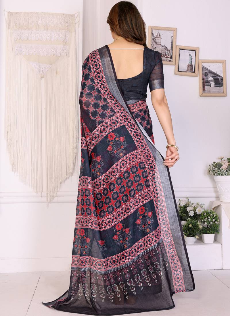 Black handloom linen cotton digital print saree with blouse
