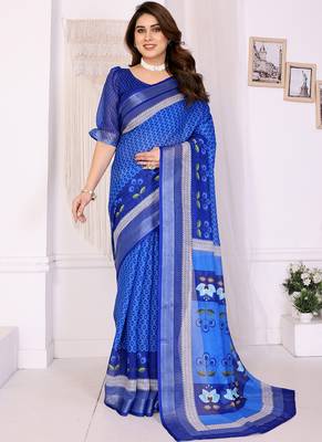 Blue handloom linen cotton digital print saree with blouse 1