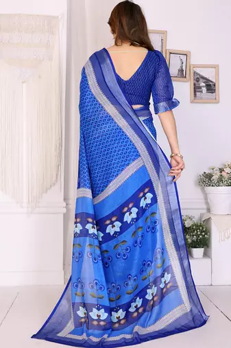 Blue handloom linen cotton digital print saree with blouse