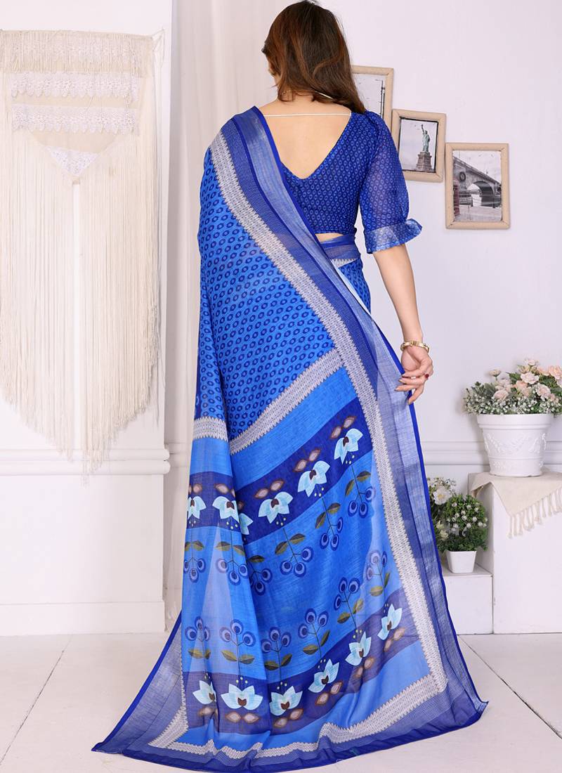Blue handloom linen cotton digital print saree with blouse