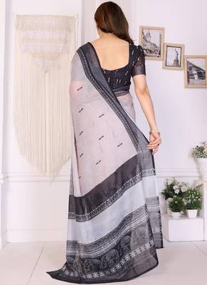 White handloom linen cotton digital print saree with blouse 1
