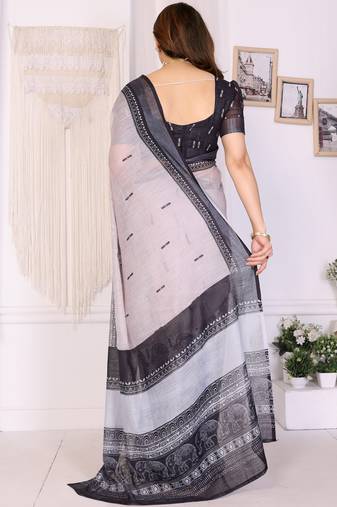 White handloom linen cotton digital print saree with blouse