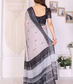 White handloom linen cotton digital print saree with blouse