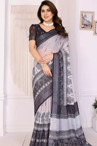 White handloom linen cotton digital print saree with blouse