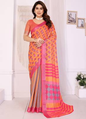 Orange handloom linen cotton digital print saree with blouse 1