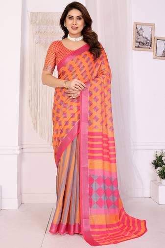 Orange handloom linen cotton digital print saree with blouse