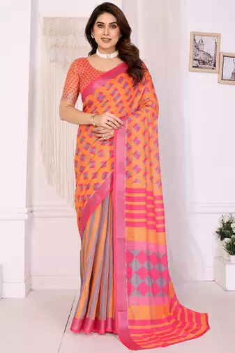 Orange handloom linen cotton digital print saree with blouse