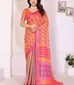 Orange handloom linen cotton digital print saree with blouse